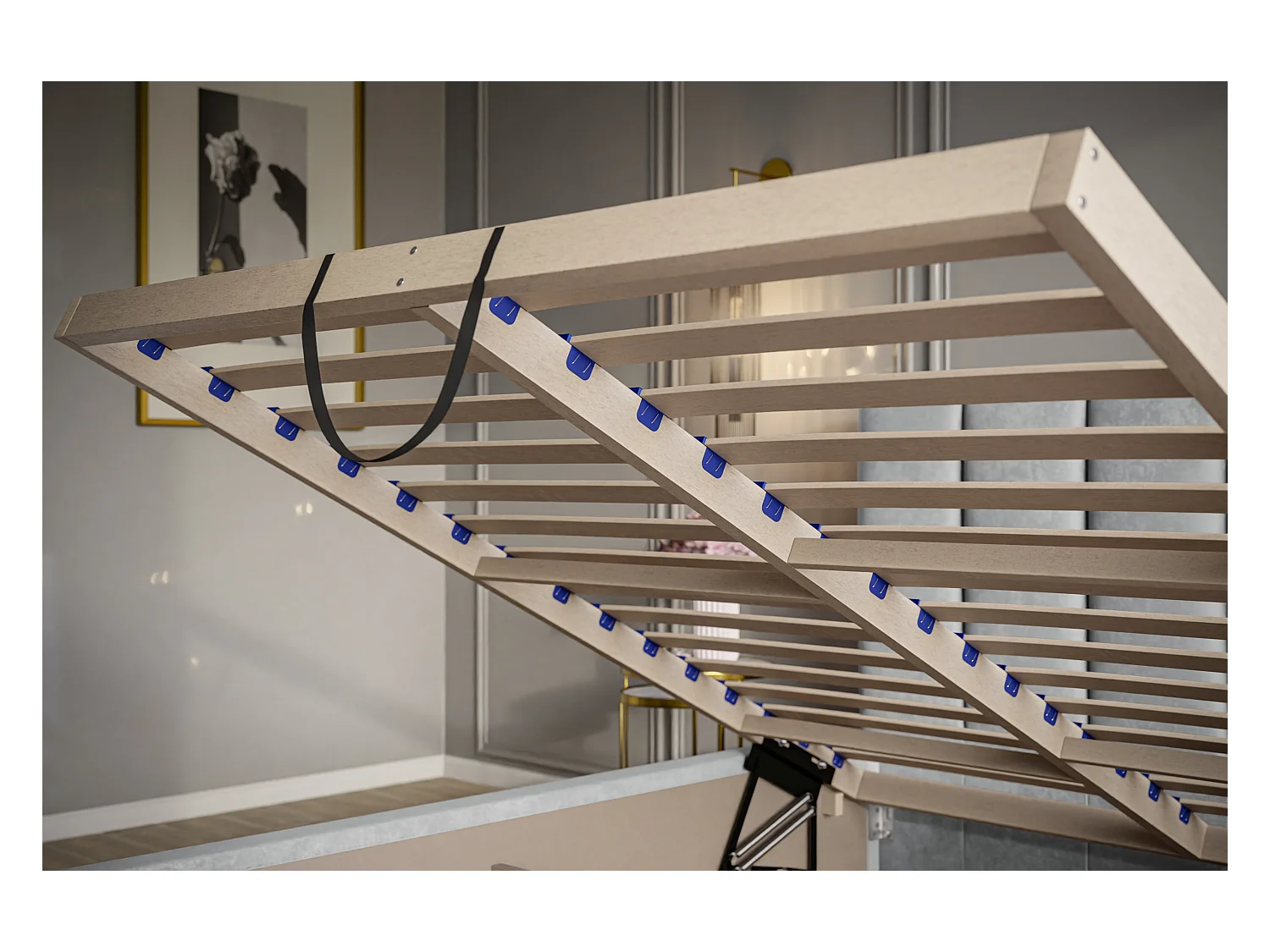 Lit rembourré Tokio avec tête de lit, 160x200 cm, lit double avec coffre de rangement et sommier à lattes en bois, tissu velours, couleur : bleu foncé