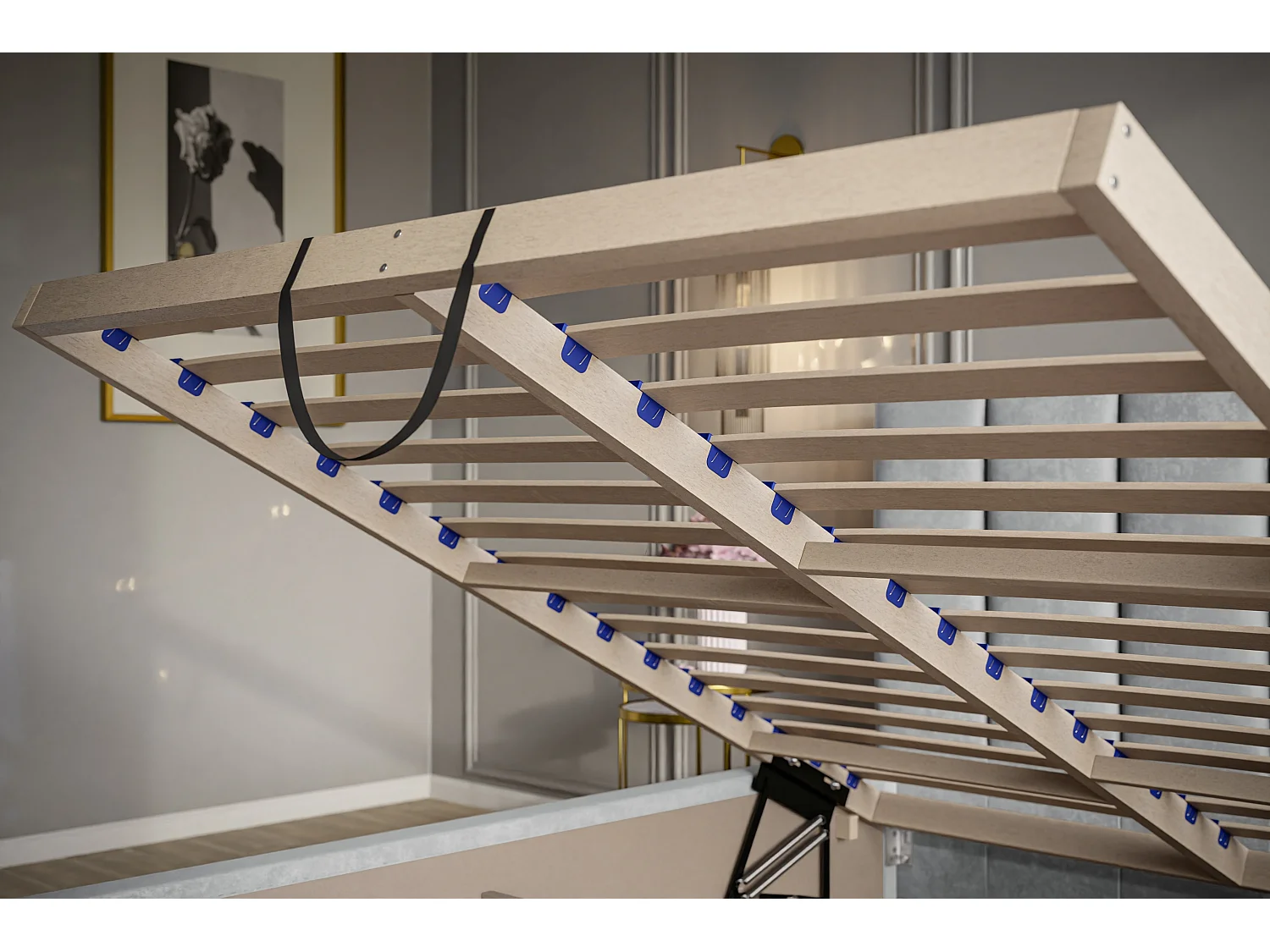 Lit rembourré Tokio avec tête de lit, 160x200 cm, lit double avec coffre de rangement et sommier à lattes en bois, tissu velours, couleur : bleu foncé