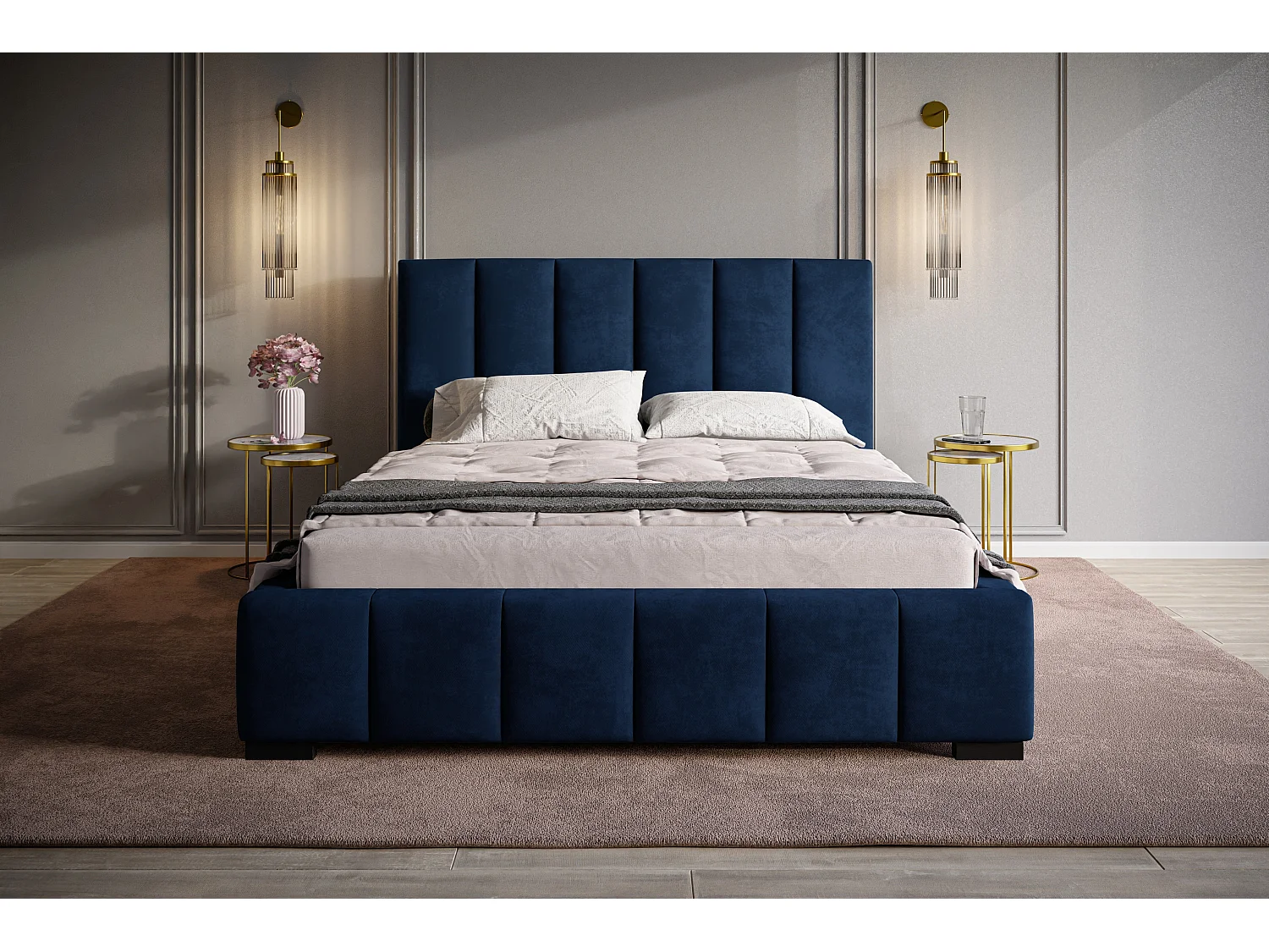 Lit rembourré Tokio avec tête de lit, 160x200 cm,  avec coffre de rangement et sommier à lattes en bois, tissu velours, couleur: bleu foncé