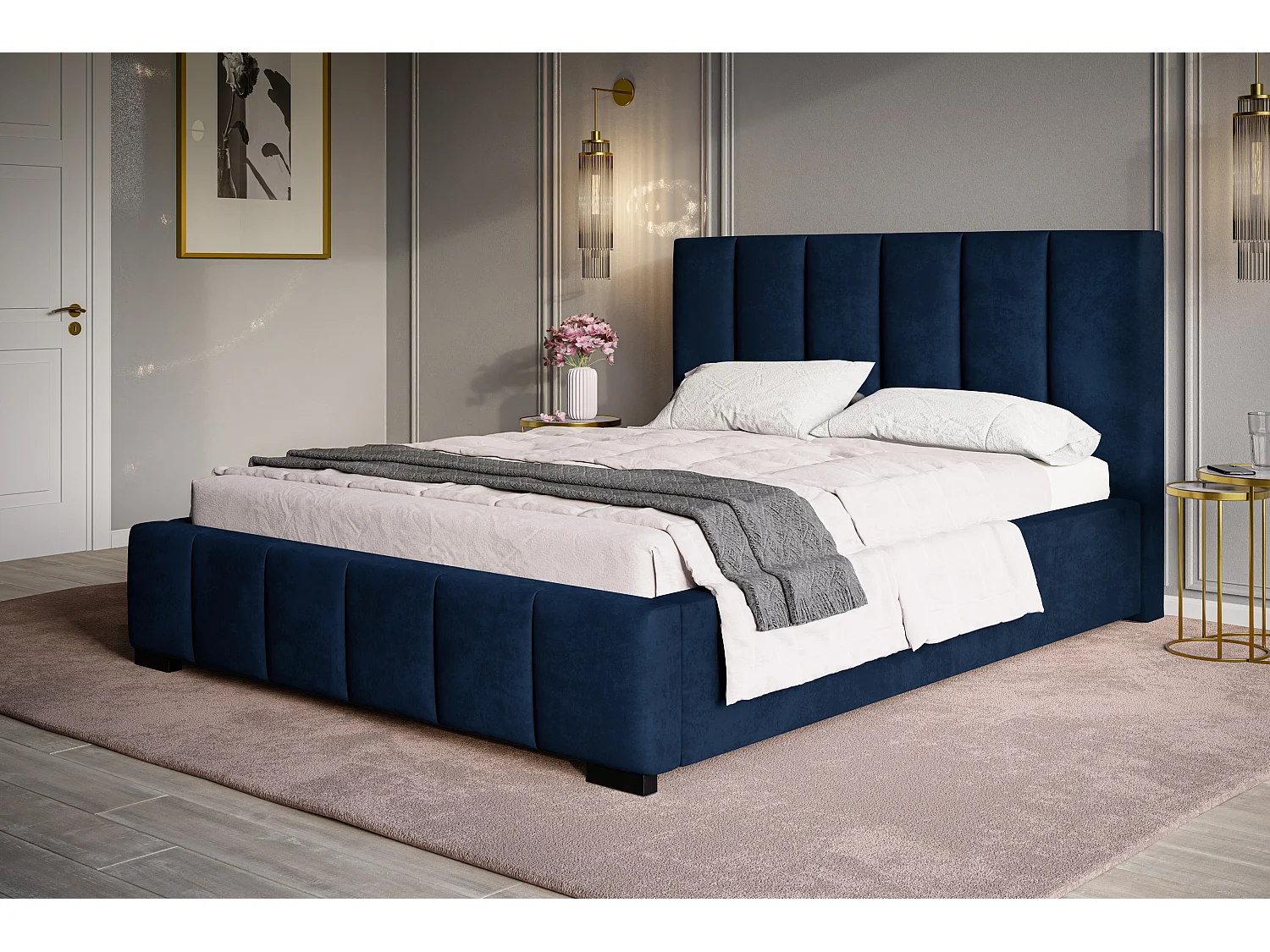 Lit rembourré Tokio avec tête de lit, 160x200 cm,  avec coffre de rangement et sommier à lattes en bois, tissu velours, couleur: bleu foncé