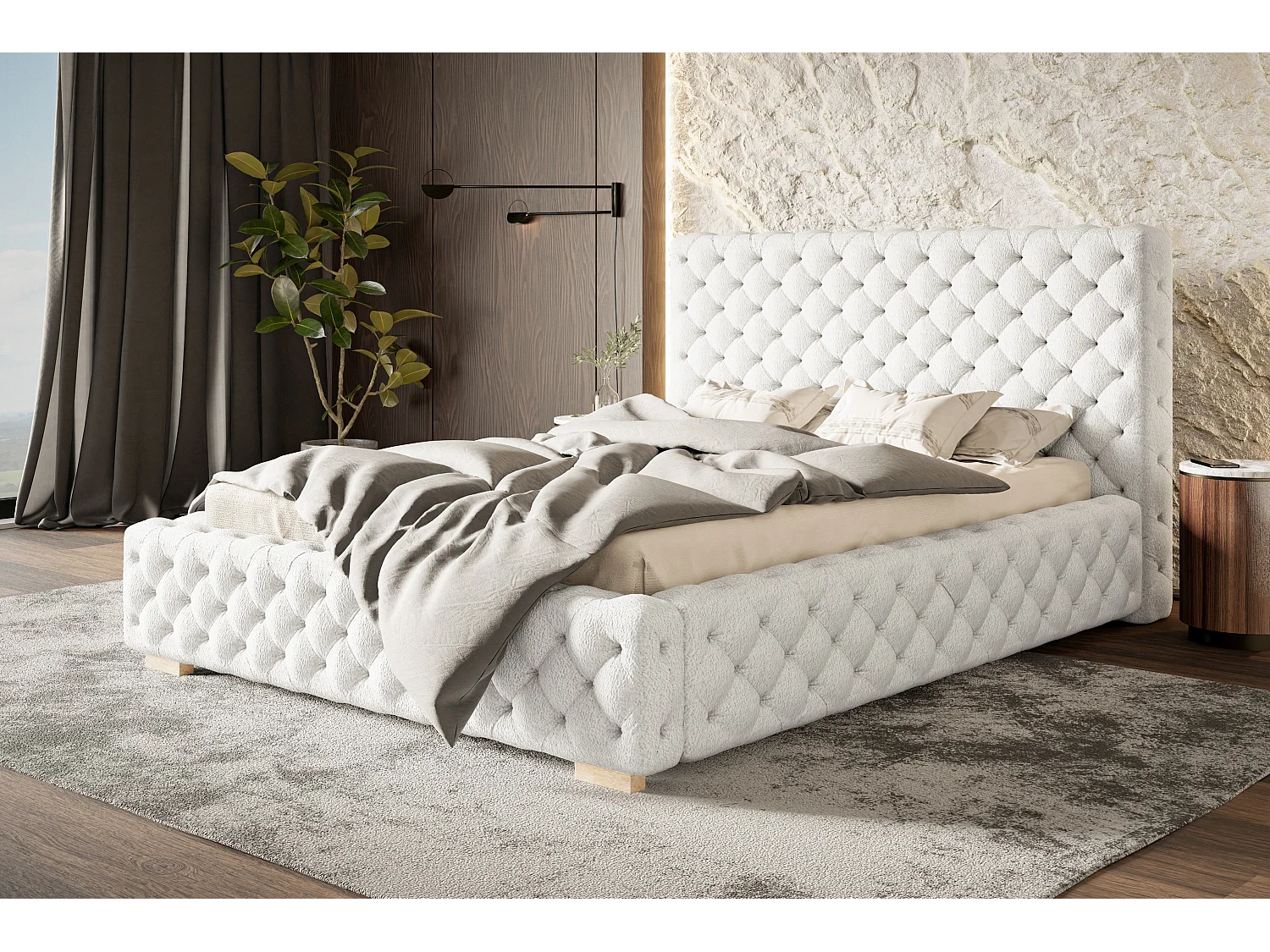 Lit rembourré Miami avec tête de lit, 140x200 cm, lit double avec coffre de rangement et sommier à lattes en bois, tissu velours, couleur : bleu clair