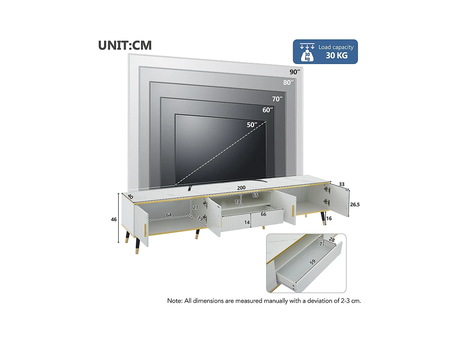 Meuble TV bas moderne aspect marbre 2 portes 1 tiroir
