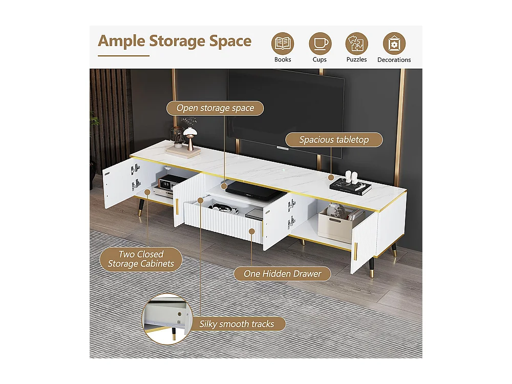 Meuble TV bas moderne aspect marbre 2 portes 1 tiroir