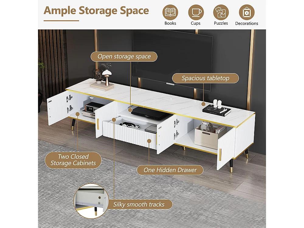 Meuble TV bas moderne aspect marbre 2 portes 1 tiroir
