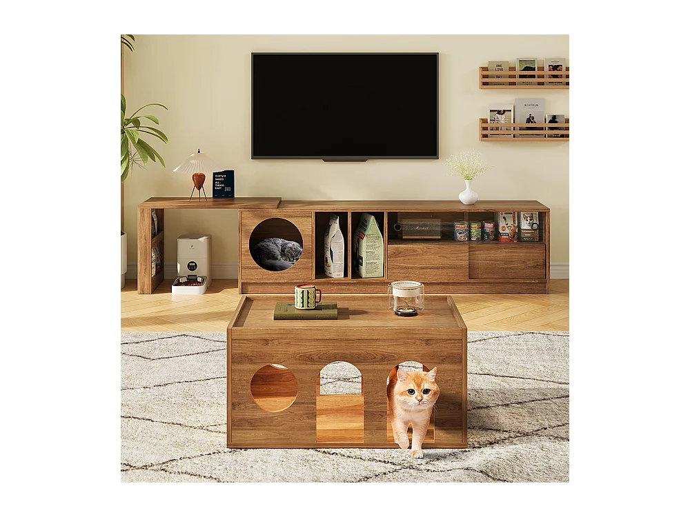 Meuble TV table basse ensemble salon 2 pièces pivotant panier chat noyer