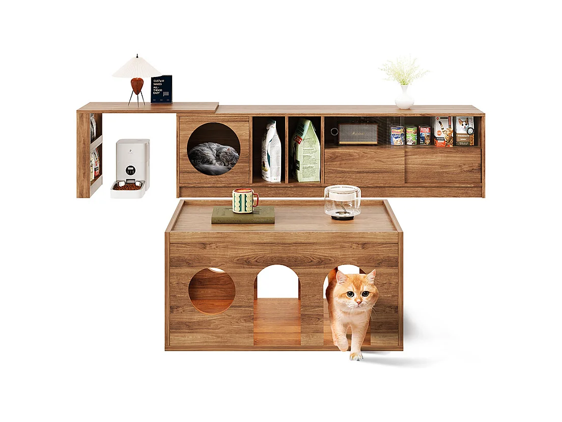 Meuble TV table basse ensemble salon 2 pièces pivotant panier chat noyer