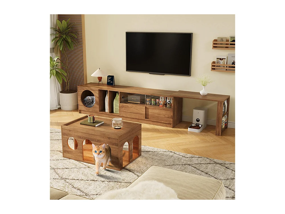 Meuble TV table basse ensemble salon 2 pièces pivotant panier chat noyer