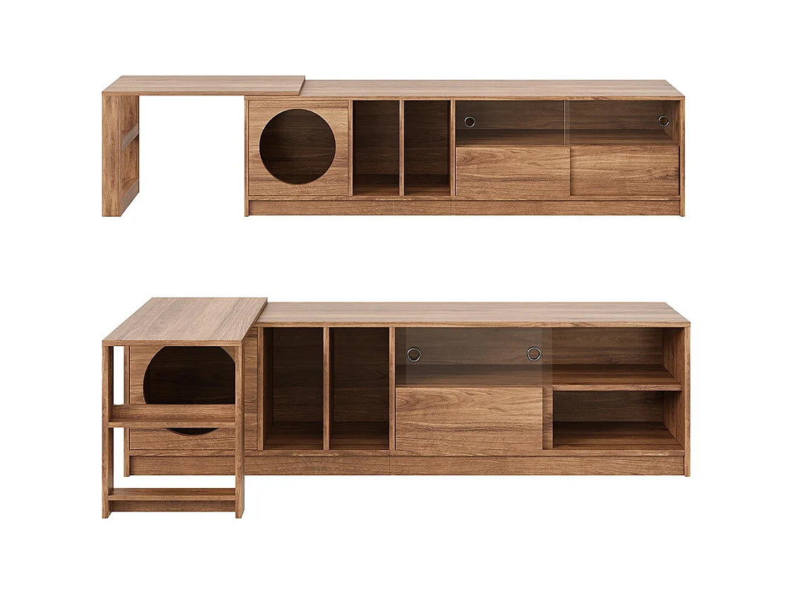 Meuble TV table basse ensemble salon 2 pièces pivotant panier chat noyer