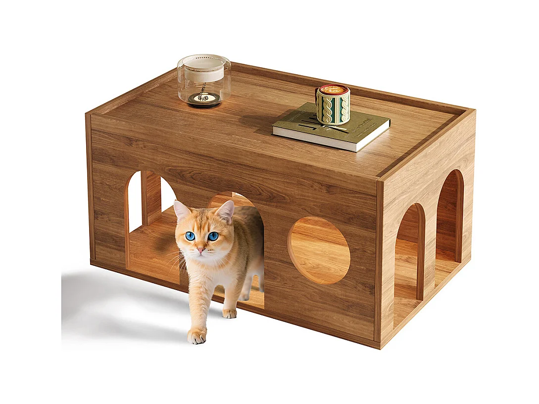 Meuble TV table basse ensemble salon 2 pièces pivotant panier chat noyer
