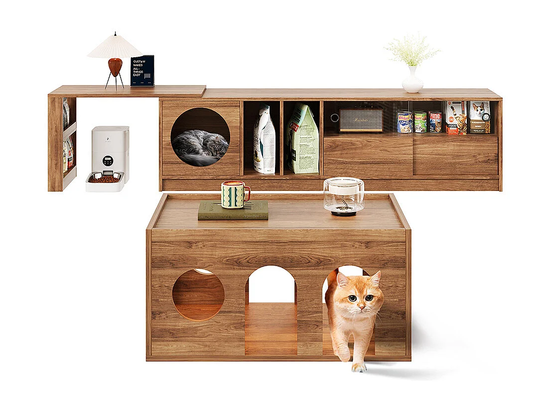 Meuble TV table basse ensemble salon 2 pièces pivotant panier chat noyer