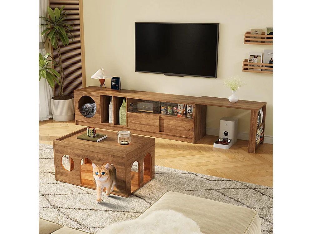 Meuble TV table basse ensemble salon 2 pièces pivotant panier chat noyer