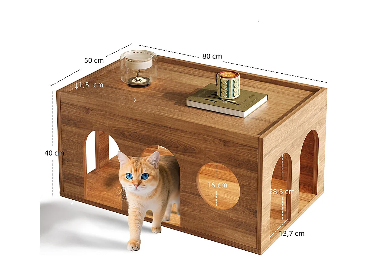 Meuble TV table basse ensemble salon 2 pièces pivotant panier chat noyer