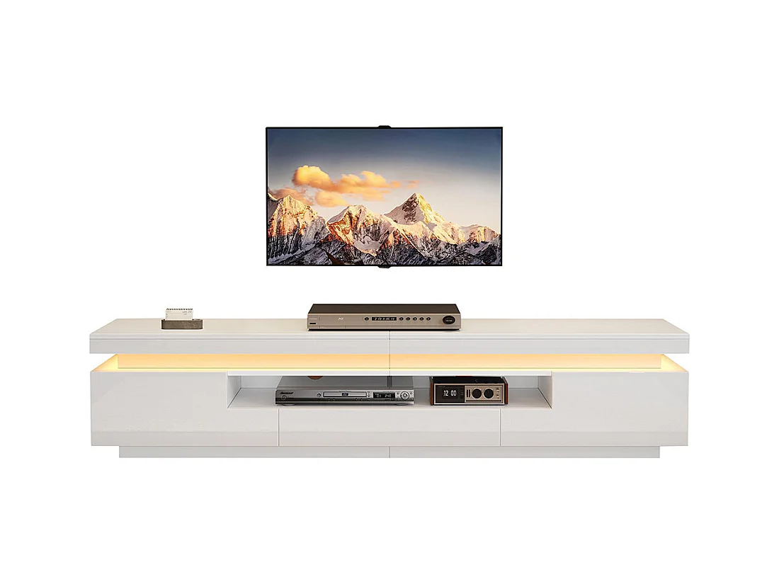 Meuble TV bas salon 2 armoires L 1 tiroir LED brillant rangement semi-ouvert TV 75 pouces