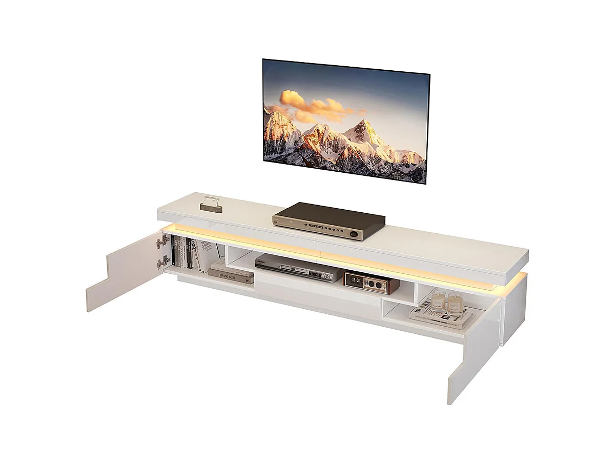 Meuble TV bas salon 2 armoires L 1 tiroir LED brillant rangement semi-ouvert TV 75 pouces