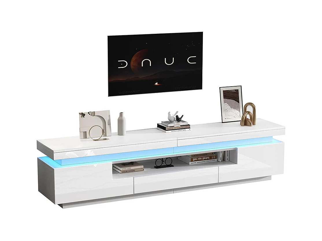 Meuble TV bas salon 2 armoires L 1 tiroir LED brillant rangement semi-ouvert TV 75 pouces