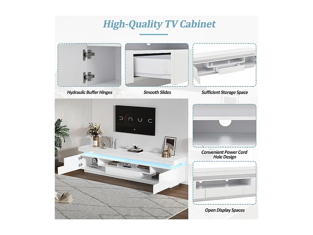 Meuble TV bas salon 2 armoires L 1 tiroir LED brillant rangement semi-ouvert TV 75 pouces