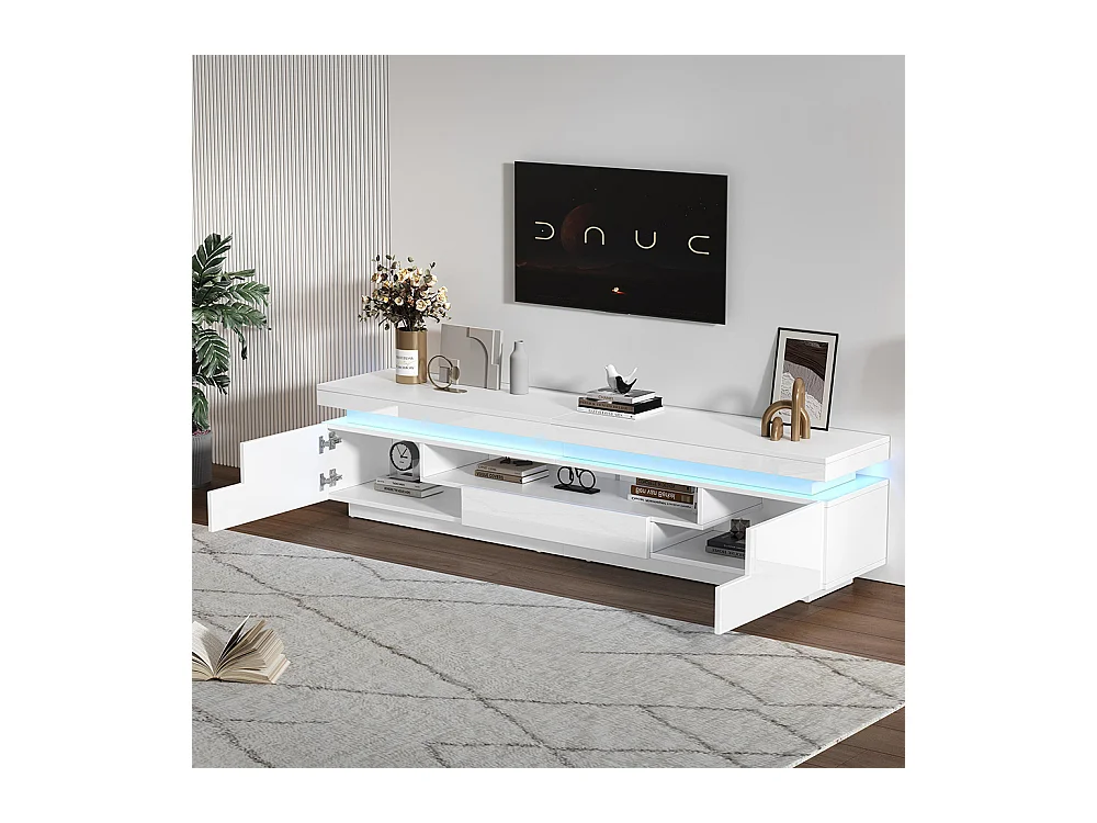 Meuble TV bas salon 2 armoires L 1 tiroir LED brillant rangement semi-ouvert TV 75 pouces