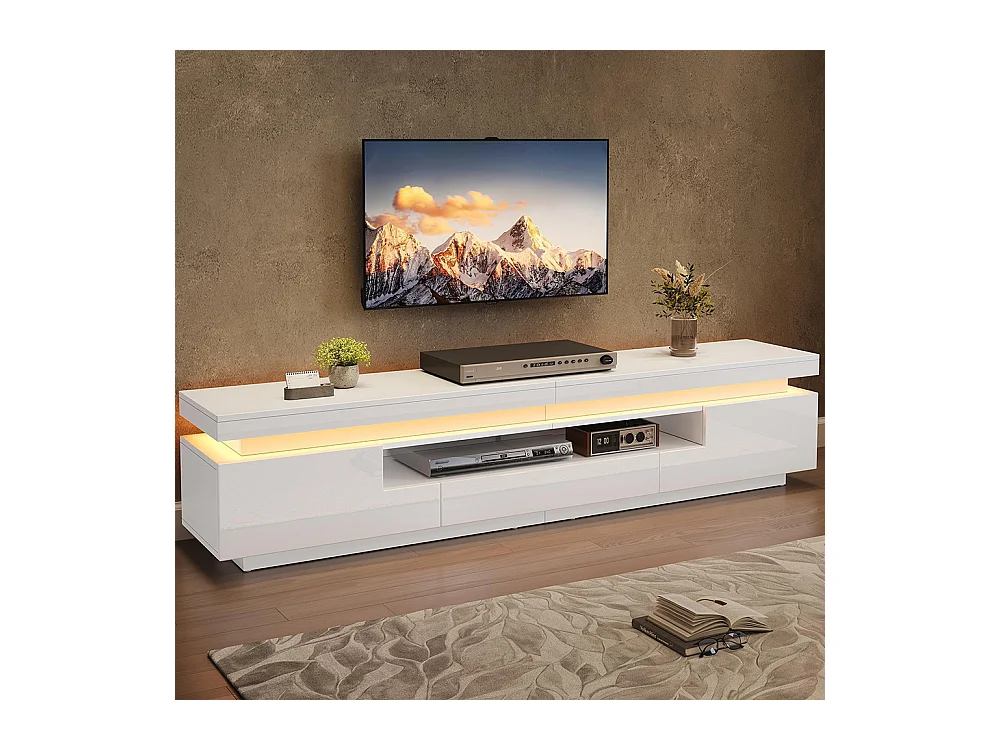 Meuble TV bas salon 2 armoires L 1 tiroir LED brillant rangement semi-ouvert TV 75 pouces