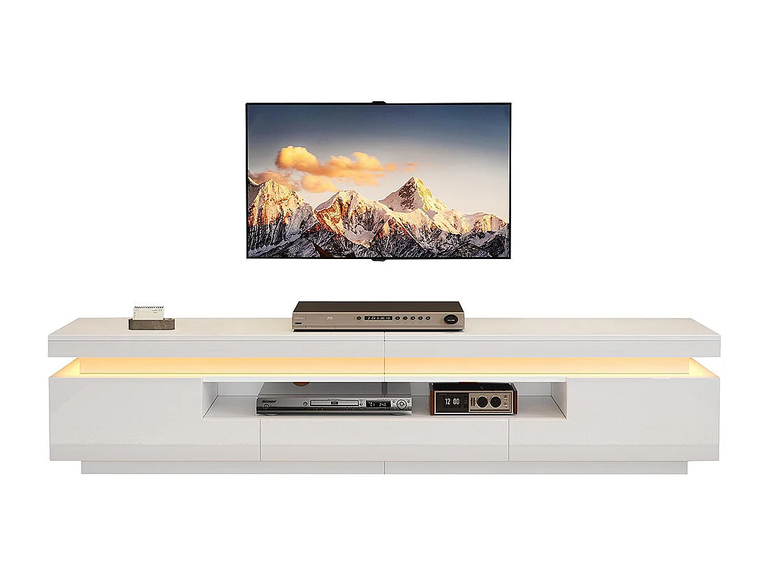 Meuble TV bas salon 2 armoires L 1 tiroir LED brillant rangement semi-ouvert TV 75 pouces