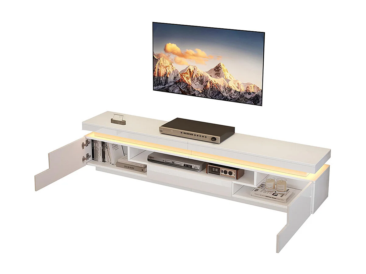 Meuble TV bas salon 2 armoires L 1 tiroir LED brillant rangement semi-ouvert TV 75 pouces