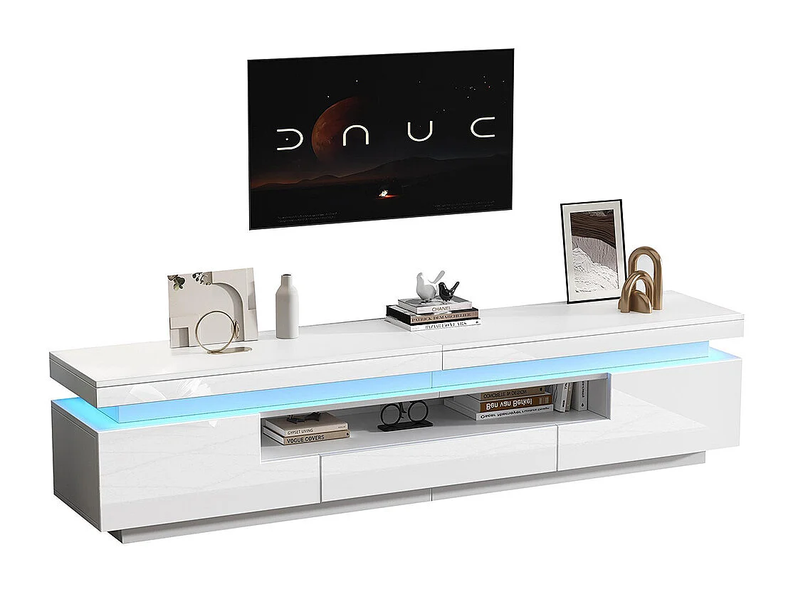 Meuble TV bas salon 2 armoires L 1 tiroir LED brillant rangement semi-ouvert TV 75 pouces