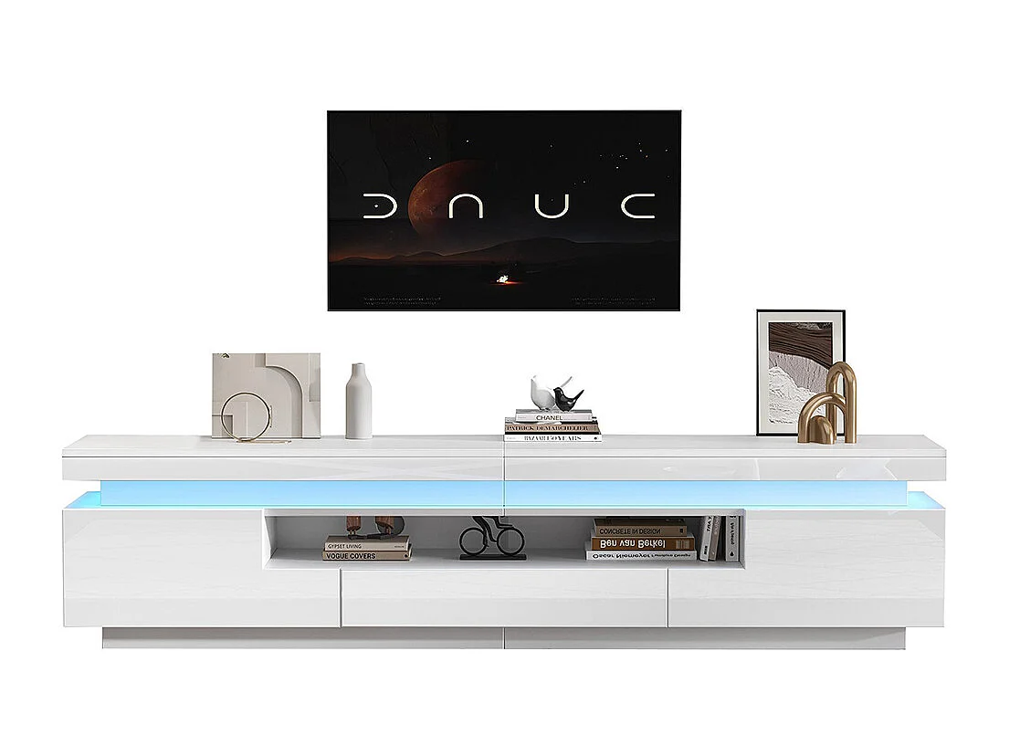 Meuble TV bas salon 2 armoires L 1 tiroir LED brillant rangement semi-ouvert TV 75 pouces