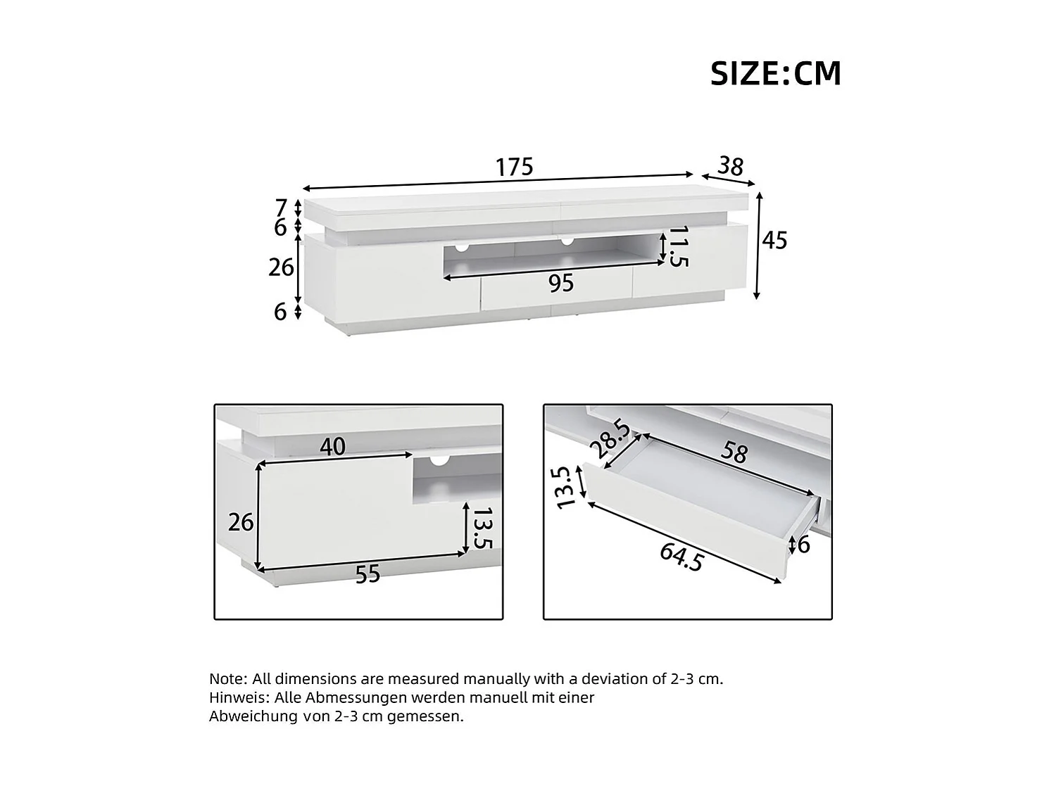 Meuble TV bas salon 2 armoires L 1 tiroir LED brillant rangement semi-ouvert TV 75 pouces