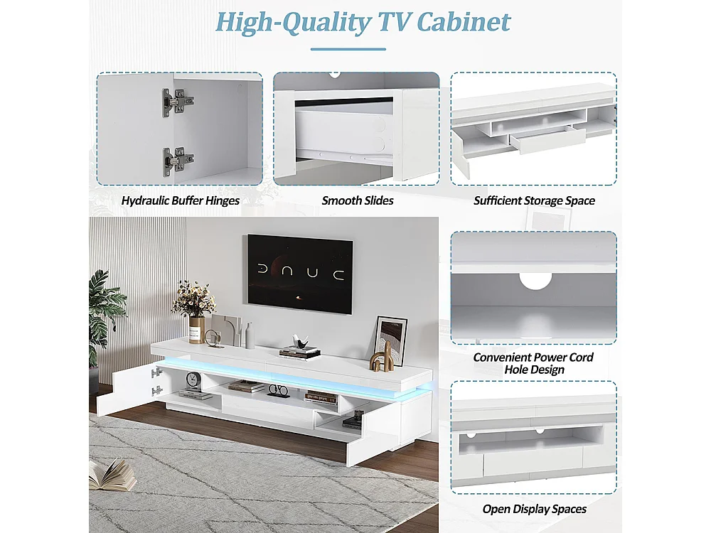 Meuble TV bas salon 2 armoires L 1 tiroir LED brillant rangement semi-ouvert TV 75 pouces