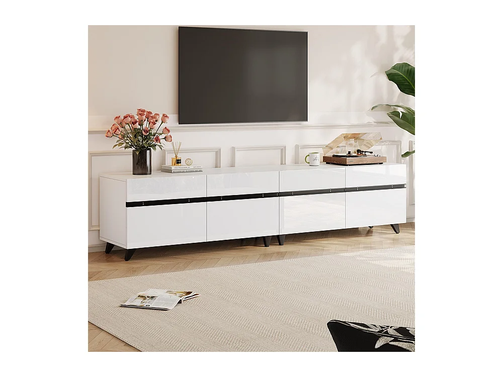 Meuble TV brillant 4 armoires séparations réglables 8 pieds charge 52 kg TV 80 pouces