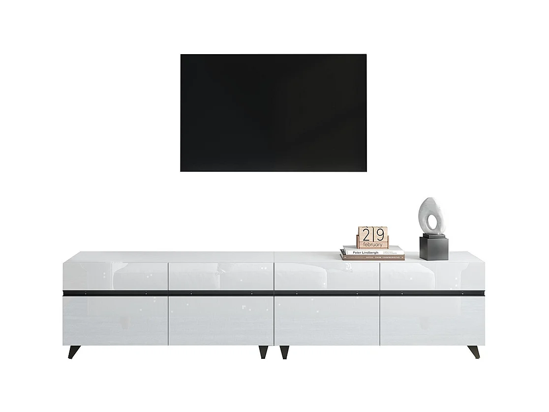 Meuble TV brillant 4 armoires séparations réglables 8 pieds charge 52 kg TV 80 pouces