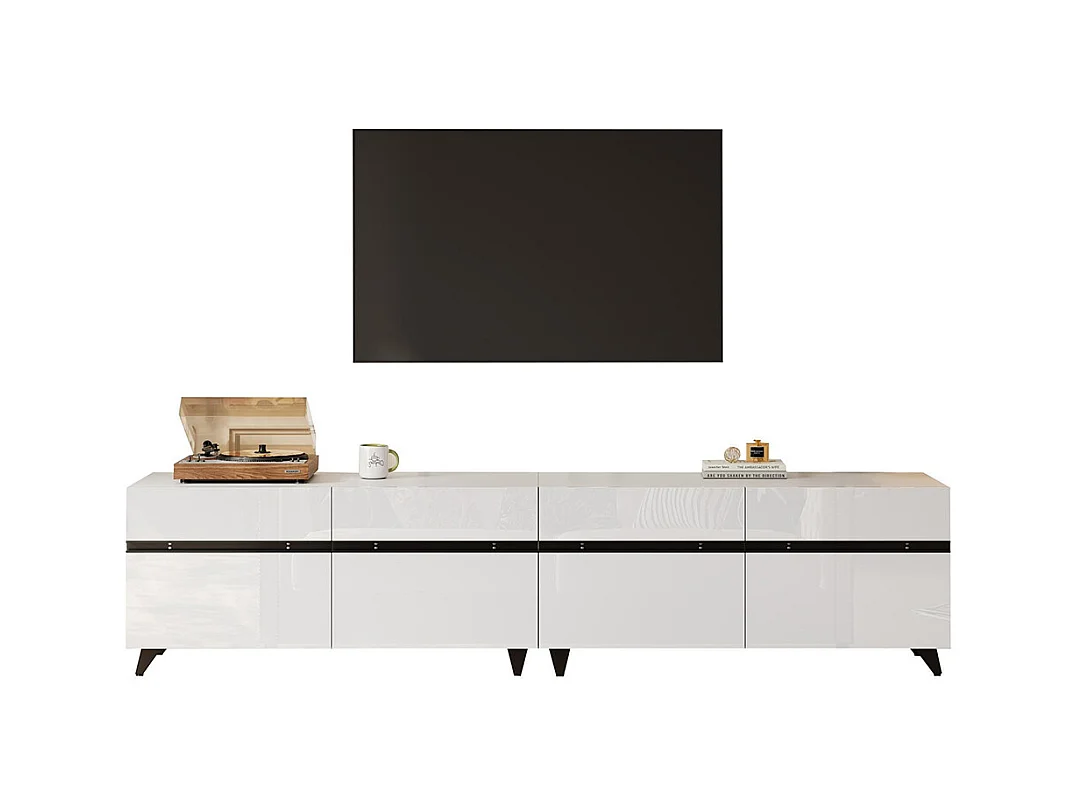 Meuble TV brillant 4 armoires séparations réglables 8 pieds charge 52 kg TV 80 pouces