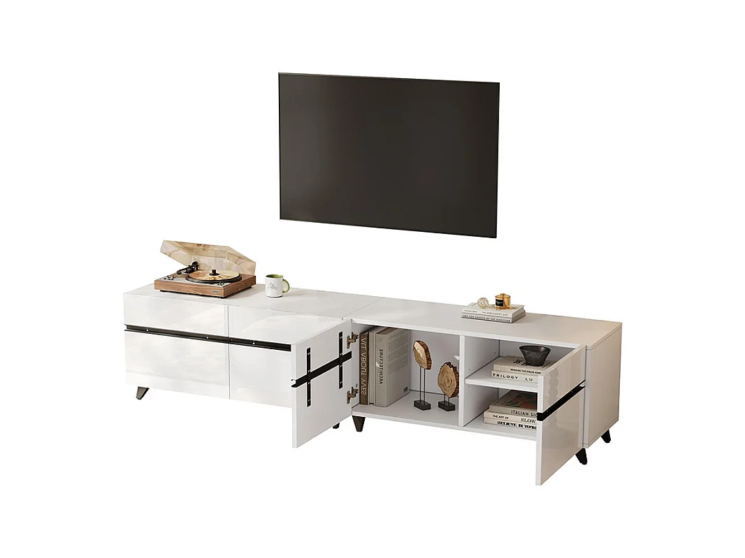 Meuble TV brillant 4 armoires séparations réglables 8 pieds charge 52 kg TV 80 pouces