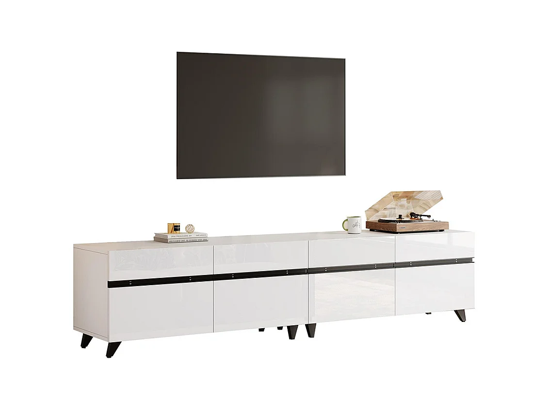 Meuble TV brillant 4 armoires séparations réglables 8 pieds charge 52 kg TV 80 pouces