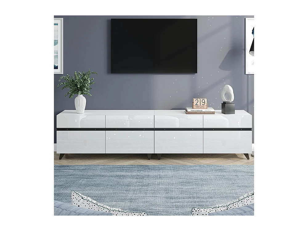 Meuble TV brillant 4 armoires séparations réglables 8 pieds charge 52 kg TV 80 pouces