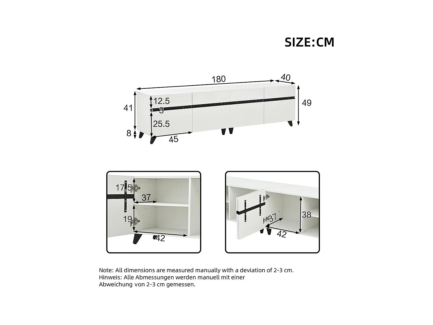 Meuble TV brillant 4 armoires séparations réglables 8 pieds charge 52 kg TV 80 pouces