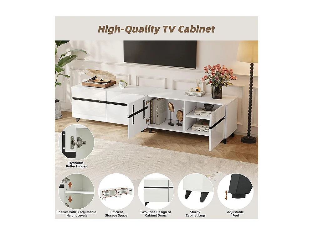 Meuble TV brillant 4 armoires séparations réglables 8 pieds charge 52 kg TV 80 pouces
