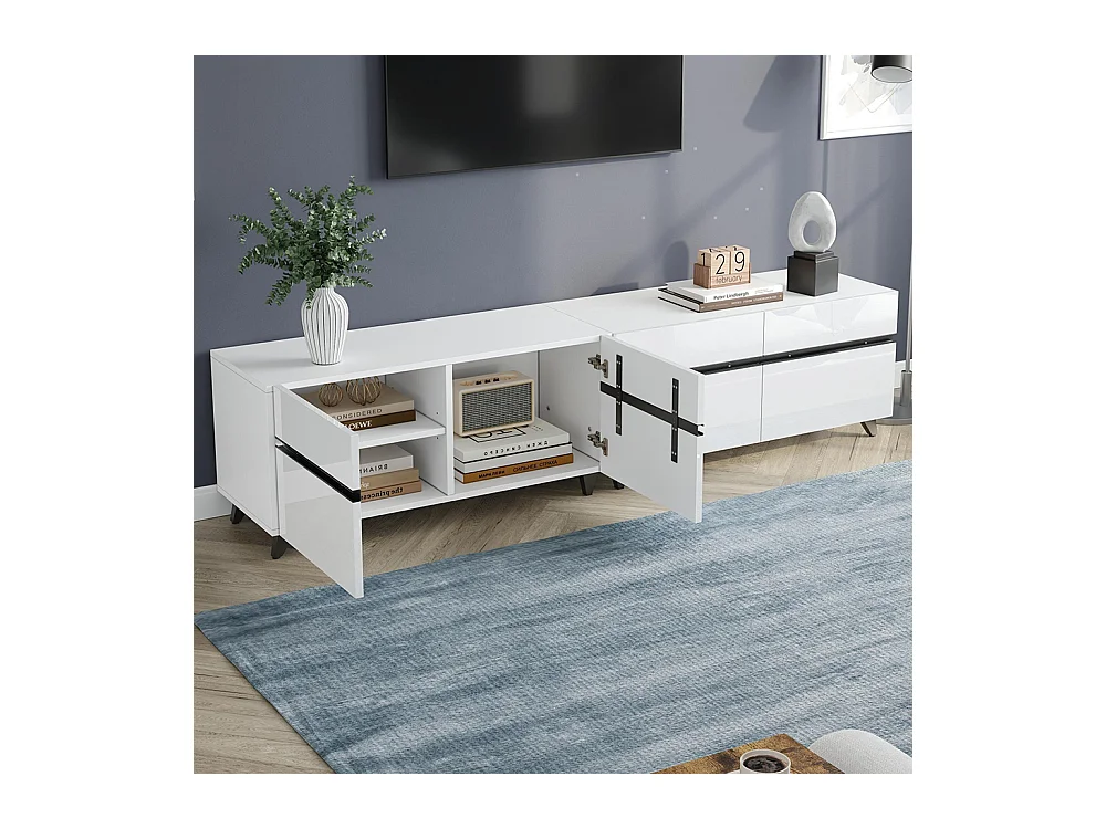 Meuble TV brillant 4 armoires séparations réglables 8 pieds charge 52 kg TV 80 pouces