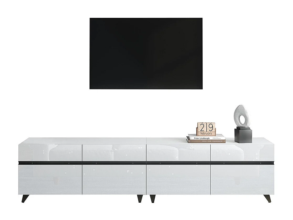 Meuble TV brillant 4 armoires séparations réglables 8 pieds charge 52 kg TV 80 pouces