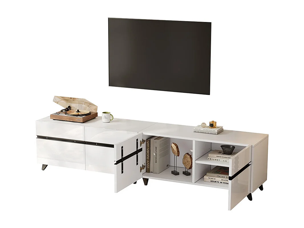 Meuble TV brillant 4 armoires séparations réglables 8 pieds charge 52 kg TV 80 pouces