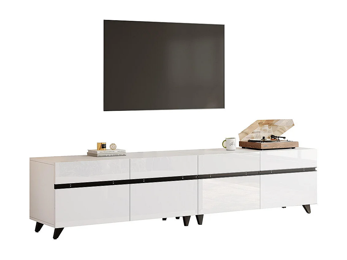 Meuble TV brillant 4 armoires séparations réglables 8 pieds charge 52 kg TV 80 pouces