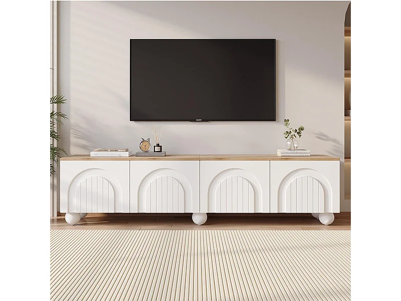 Meuble TV bas table TV 4 armoires LED 6 pieds métalliques sphériques TV 80 pouces bois blanc