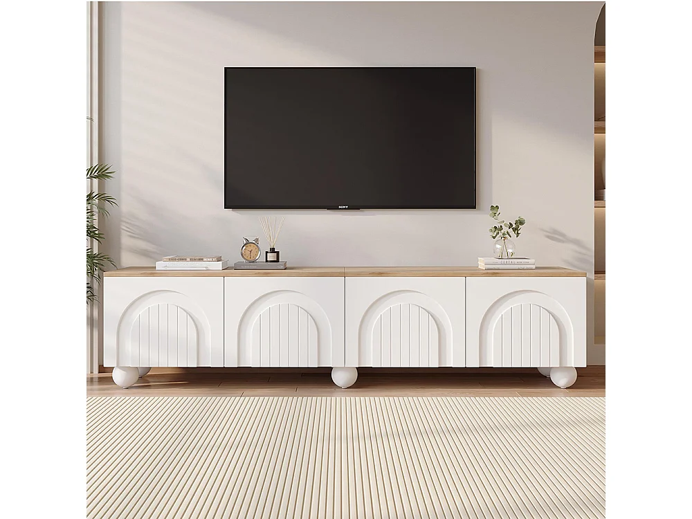 Meuble TV bas table TV 4 armoires LED 6 pieds métalliques sphériques TV 80 pouces bois blanc