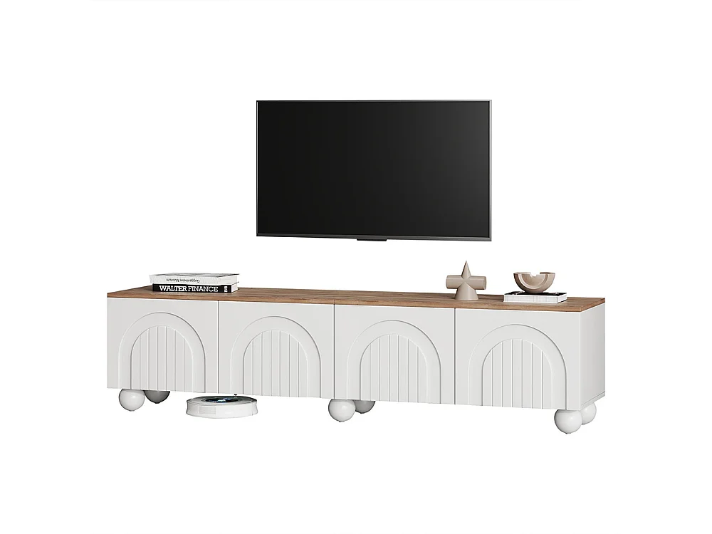 Meuble TV bas table TV 4 armoires LED 6 pieds métalliques sphériques TV 80 pouces bois blanc
