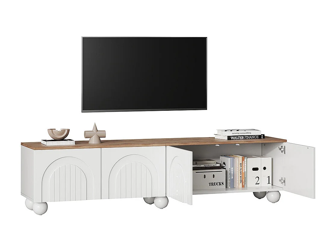 Meuble TV bas table TV 4 armoires LED 6 pieds métalliques sphériques TV 80 pouces bois blanc