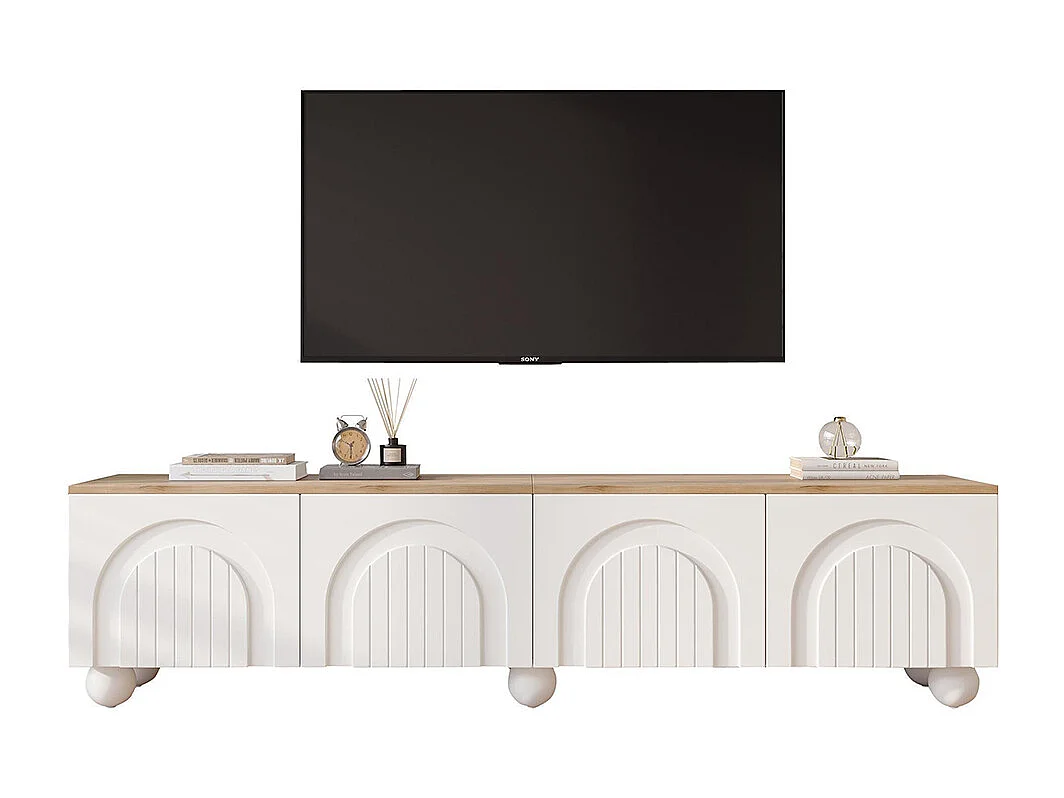 Meuble TV bas table TV 4 armoires LED 6 pieds métalliques sphériques TV 80 pouces bois blanc