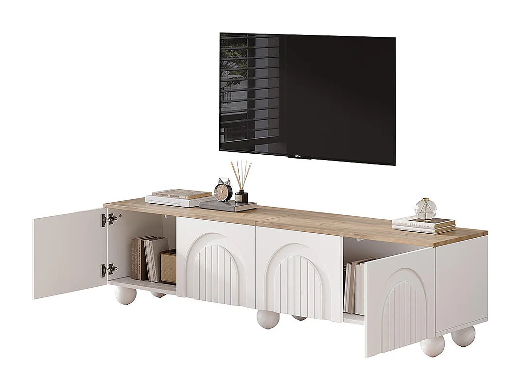 Meuble TV bas table TV 4 armoires LED 6 pieds métalliques sphériques TV 80 pouces bois blanc