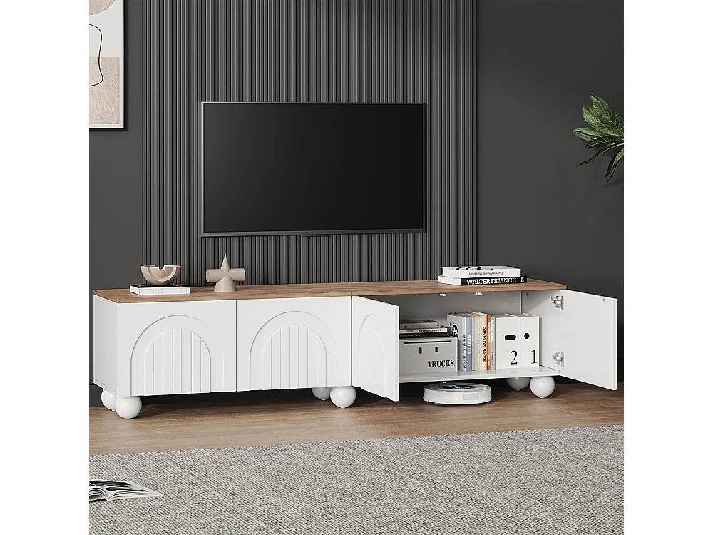 Meuble TV bas table TV 4 armoires LED 6 pieds métalliques sphériques TV 80 pouces bois blanc