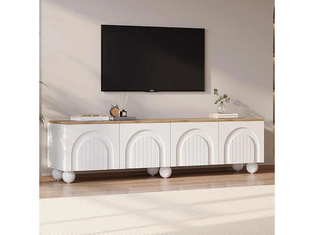 Meuble TV bas table TV 4 armoires LED 6 pieds métalliques sphériques TV 80 pouces bois blanc