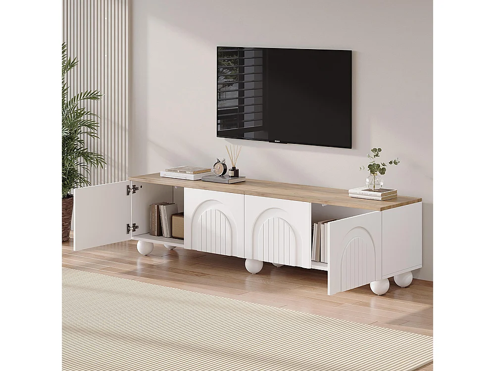 Meuble TV bas table TV 4 armoires LED 6 pieds métalliques sphériques TV 80 pouces bois blanc