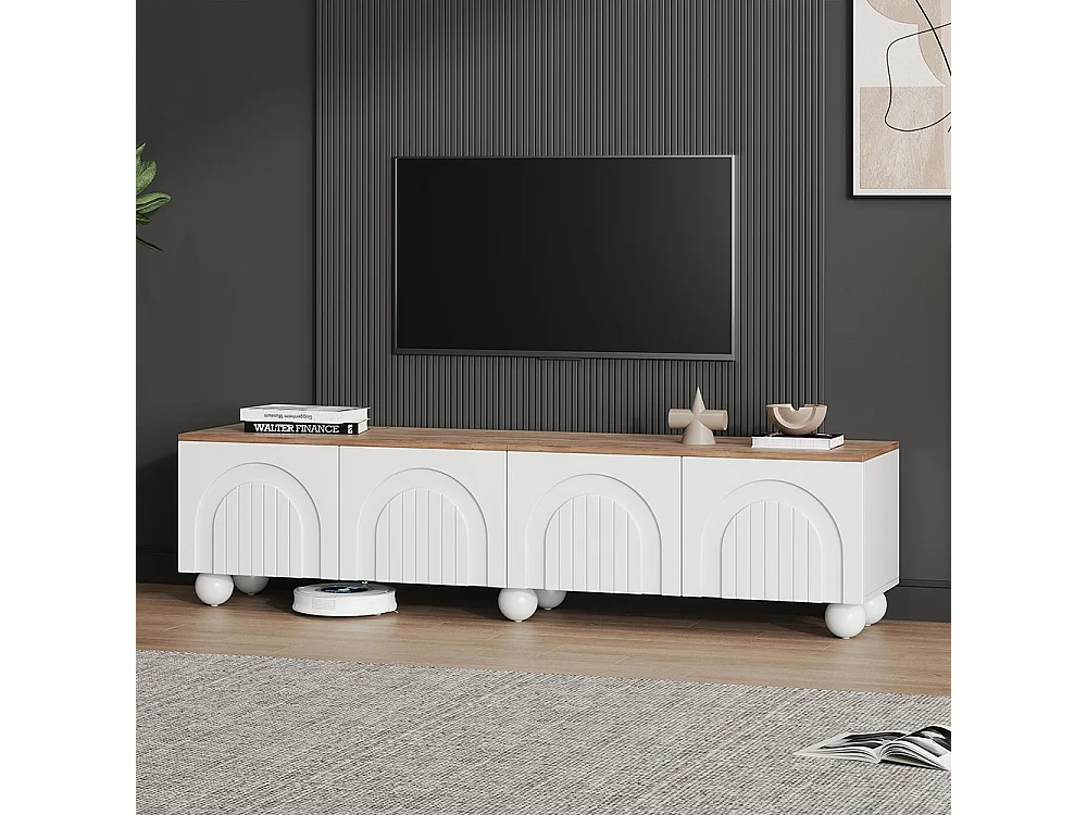 Meuble TV bas table TV 4 armoires LED 6 pieds métalliques sphériques TV 80 pouces bois blanc